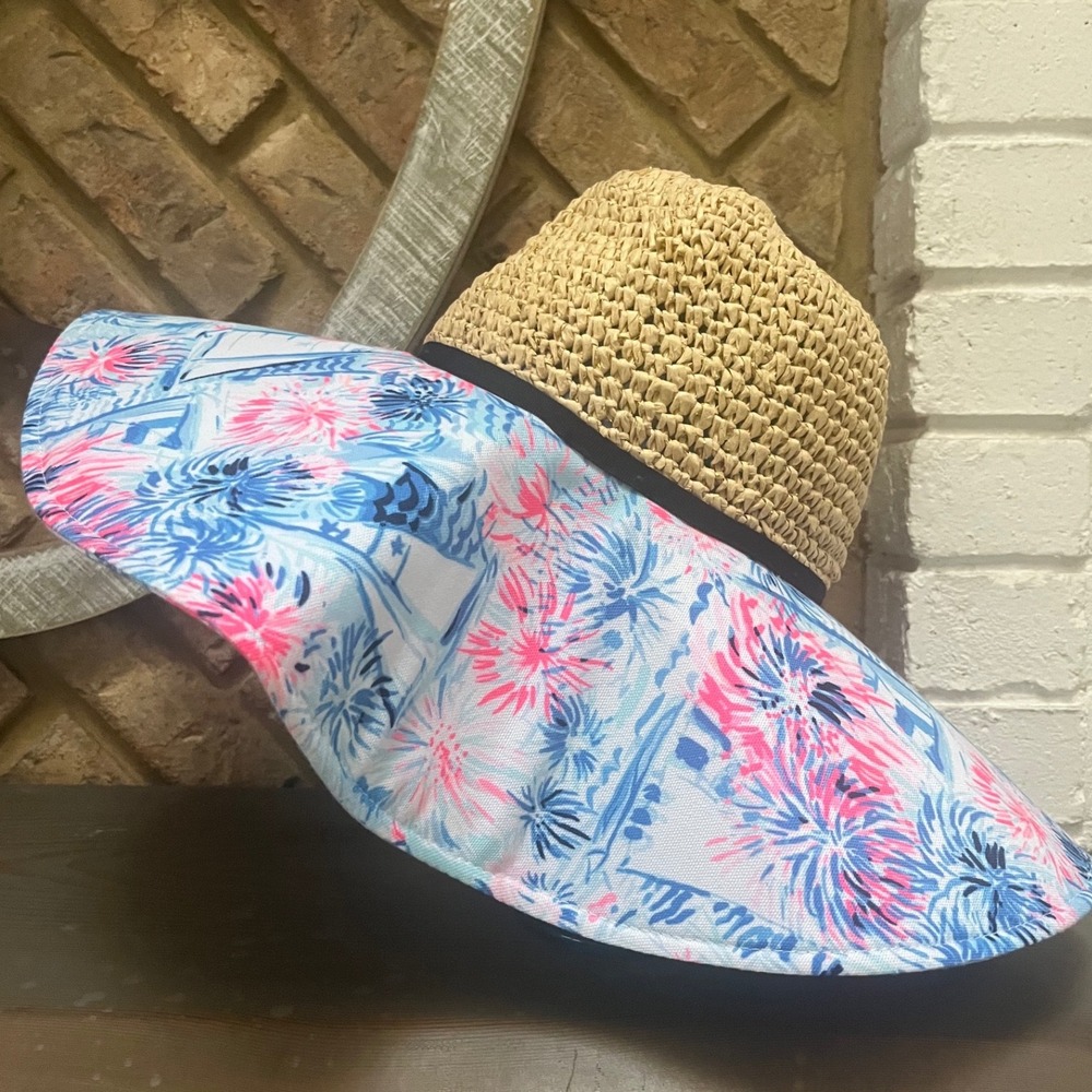 Lilly Pulitzer Beach Floppy Straw Resort Brim Hat Blue Shining Sea Print